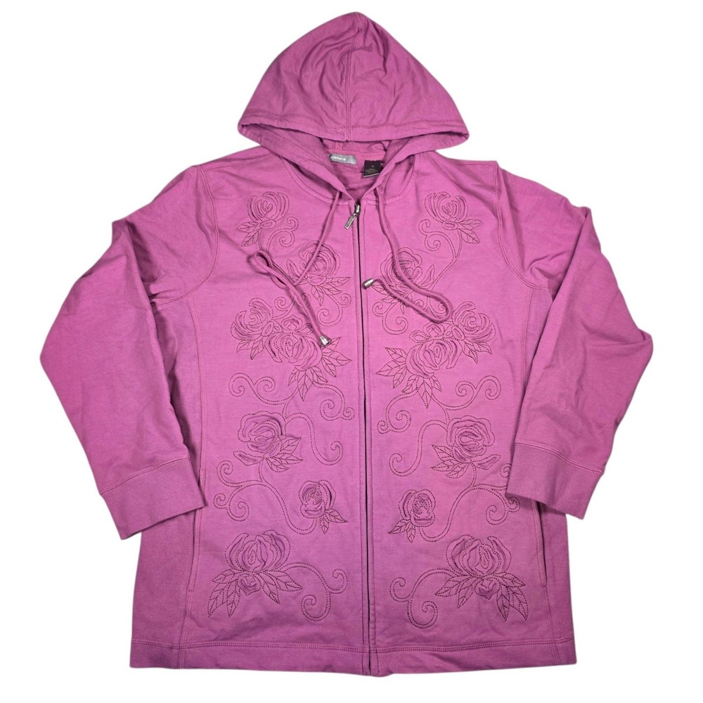 Liz Claiborne Womens Purple Floral Embroidered Full Zip Hooded Sweatshirt 1X